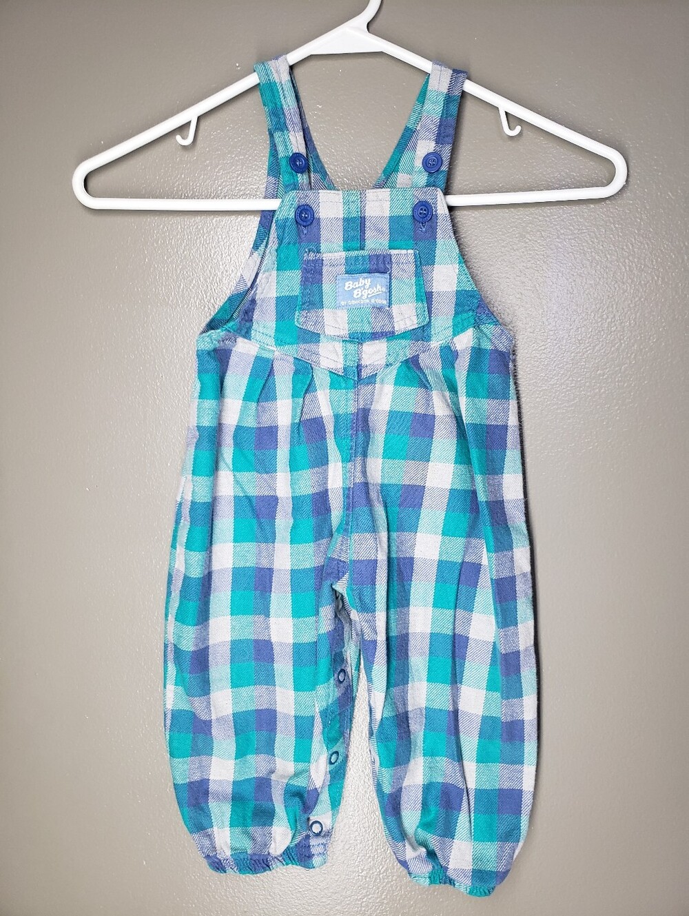 OshKosh B'gosh Toddler Vintage Overalls Blue Teal Plaid Sz 18 Months Made In USA
